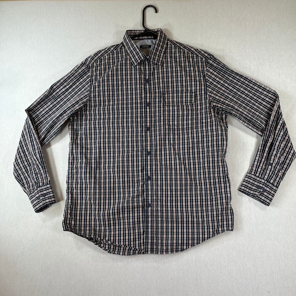 IZOD Shirt Mens M Navy Blue Orange Plaid Long Sleeve Button Down Shirt Preppy